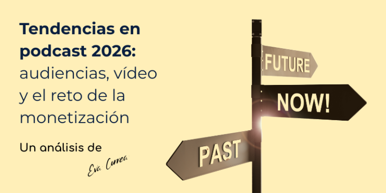 Tendencias en podcast 2026: audiencias, vídeo y monetización, ilustradas con un cruce de caminos entre pasado, presente y futuro.