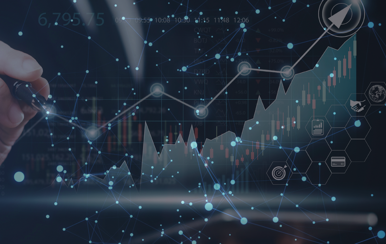 Gráficos de crecimiento y análisis de datos con red digital representando la medición y optimización de campañas de audio digital