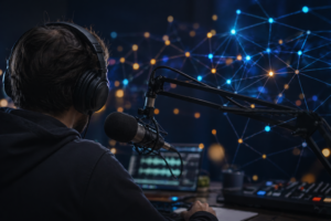 formatos publicidad podcast locutor con micrófono y red de nodos digitales audio marketing
