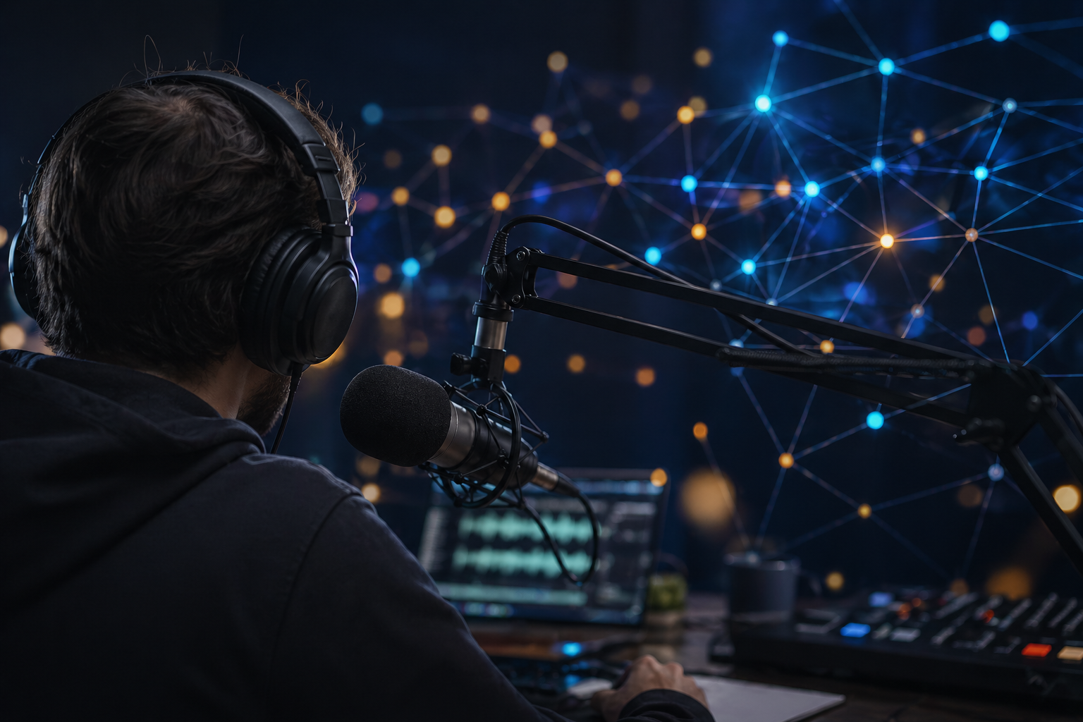 formatos publicidad podcast locutor con micrófono y red de nodos digitales audio marketing