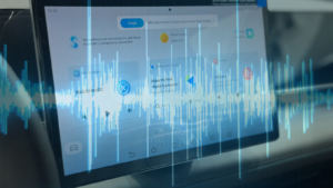 Una escena abstracta con ondas de audio, nodos digitales.