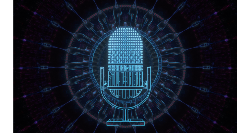Fondo oscuro con un micrófono de audio azul.