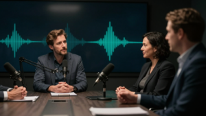 Directivos participando en un podcast corporativo para reforzar la estrategia de comunicación